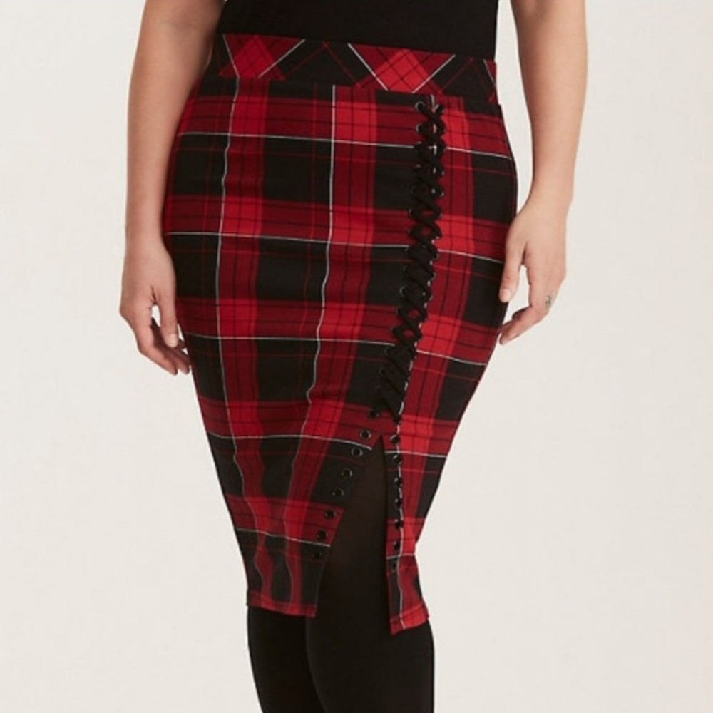 Torrid Red and Black Plaid Pencil Skirt